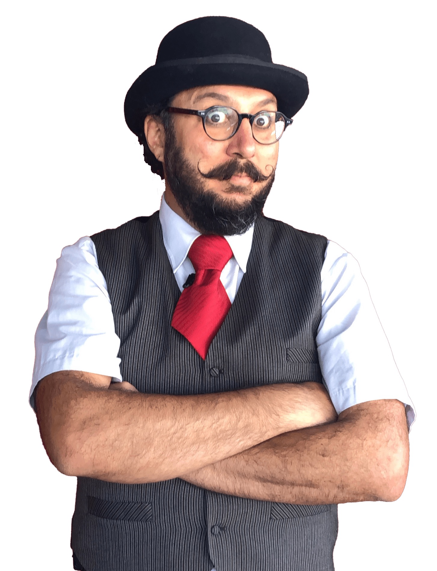 Andrés Aguilar, conferencista y especialista en cultura organizacional, retrato con estilo teatral y fondo negro.